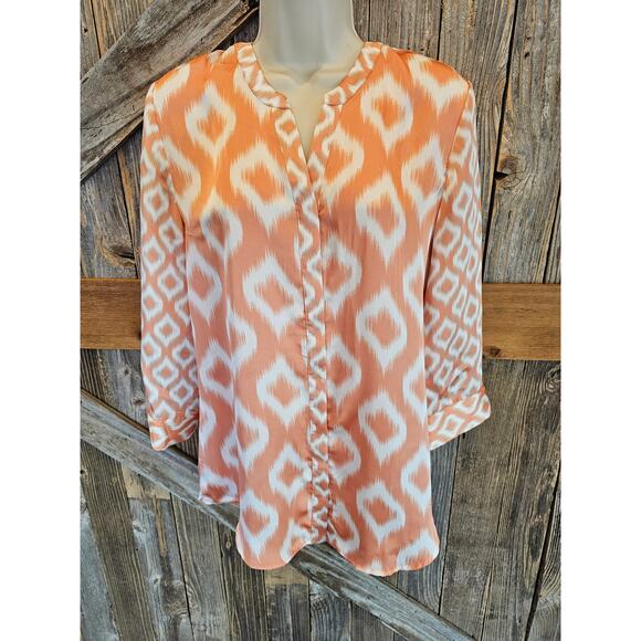 Chicos ikat orange southwestern style button up Lightweight top sz 1 (M) medium - Picture 1 of 7
